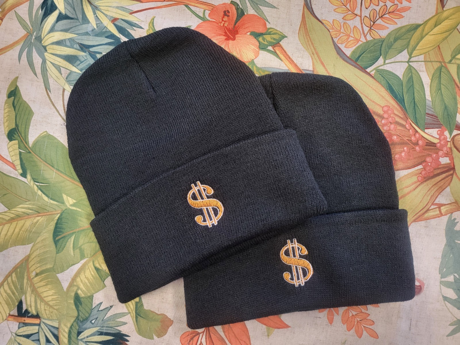 Dollar sign $ embroidered black beanie hat