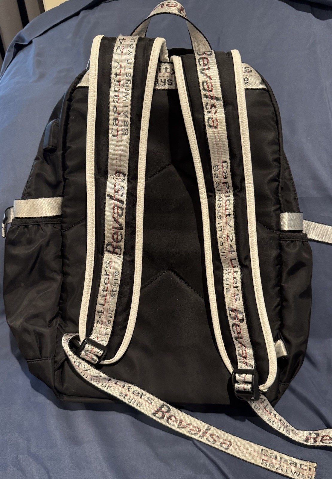 Bevalsa Black White Backpack with USB Port, Audio Pocket, Adjustable Straps