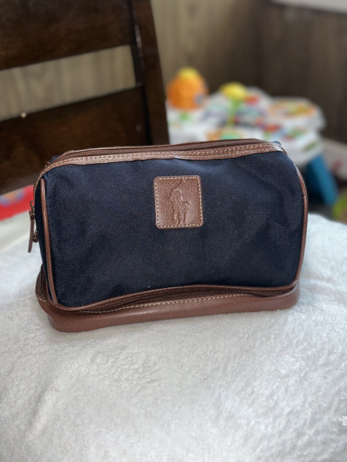 Vintage Polo Ralph Lauren Dopp Toiletry Bag Black with Tan Trim Zip Closure