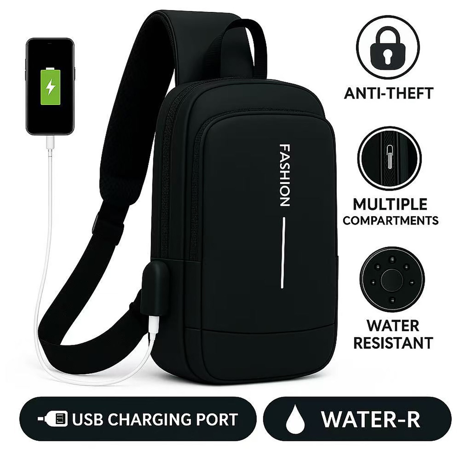 Waterproof Crossbody Sling Bag with USB Charging Port Men Shoulder Chest Bag