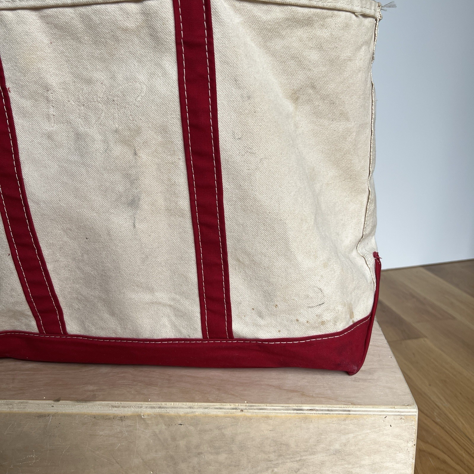 Vintage 90’s 00’s LL Bean Boat and Tote Bag Large Ivory Red Canvas USA Stained