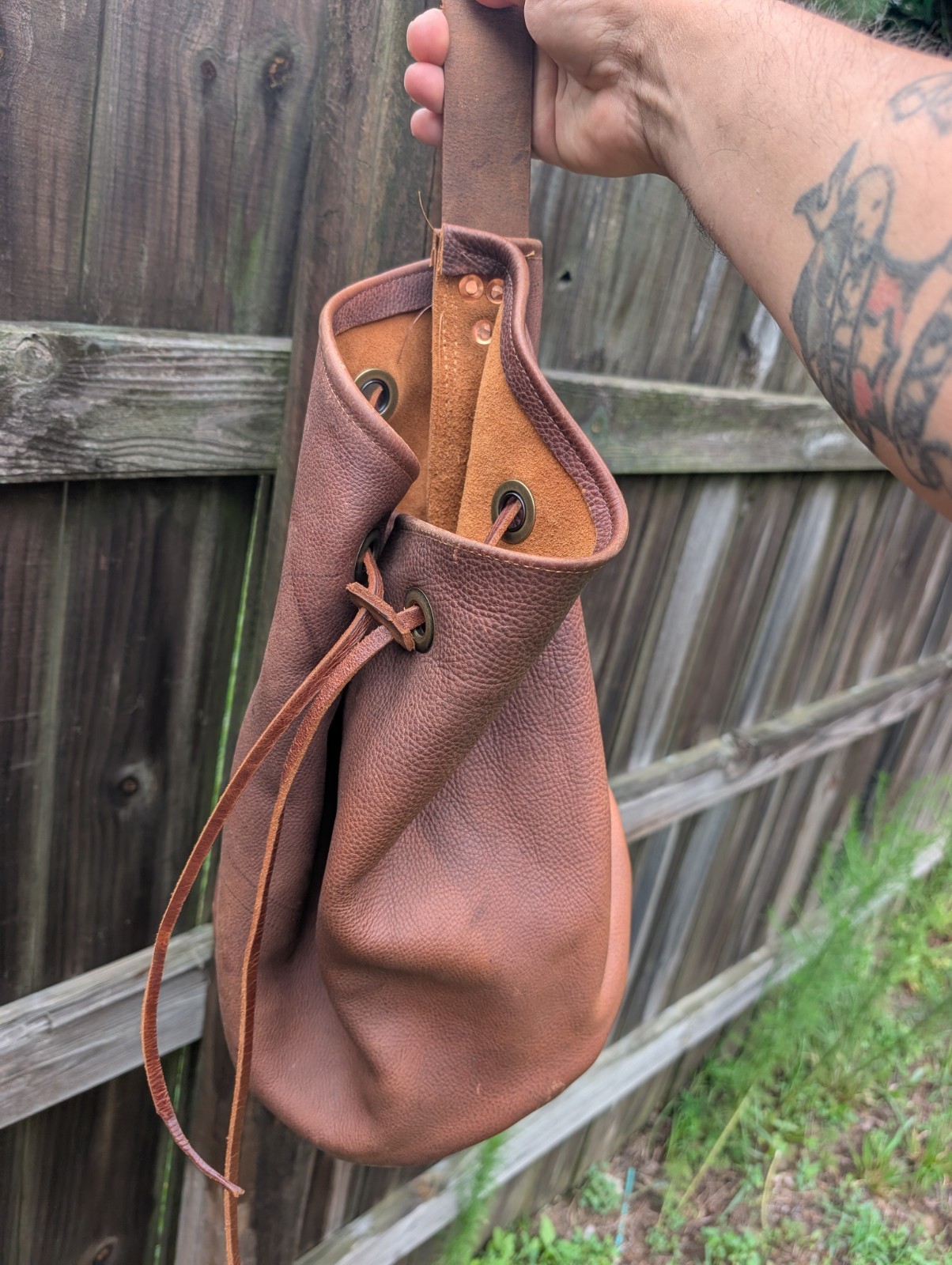 Brown leather Bucket Bag w/ Buckle, Adjustable Shoulder Strap, Unisex boho