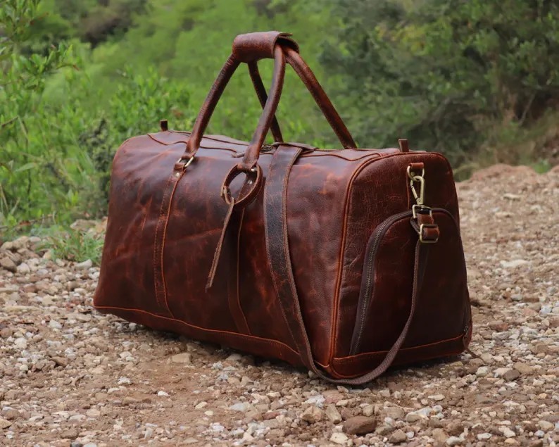 Buffalo Leather Duffle Bag| Genuine leather weekender bag brown| Leather holdall