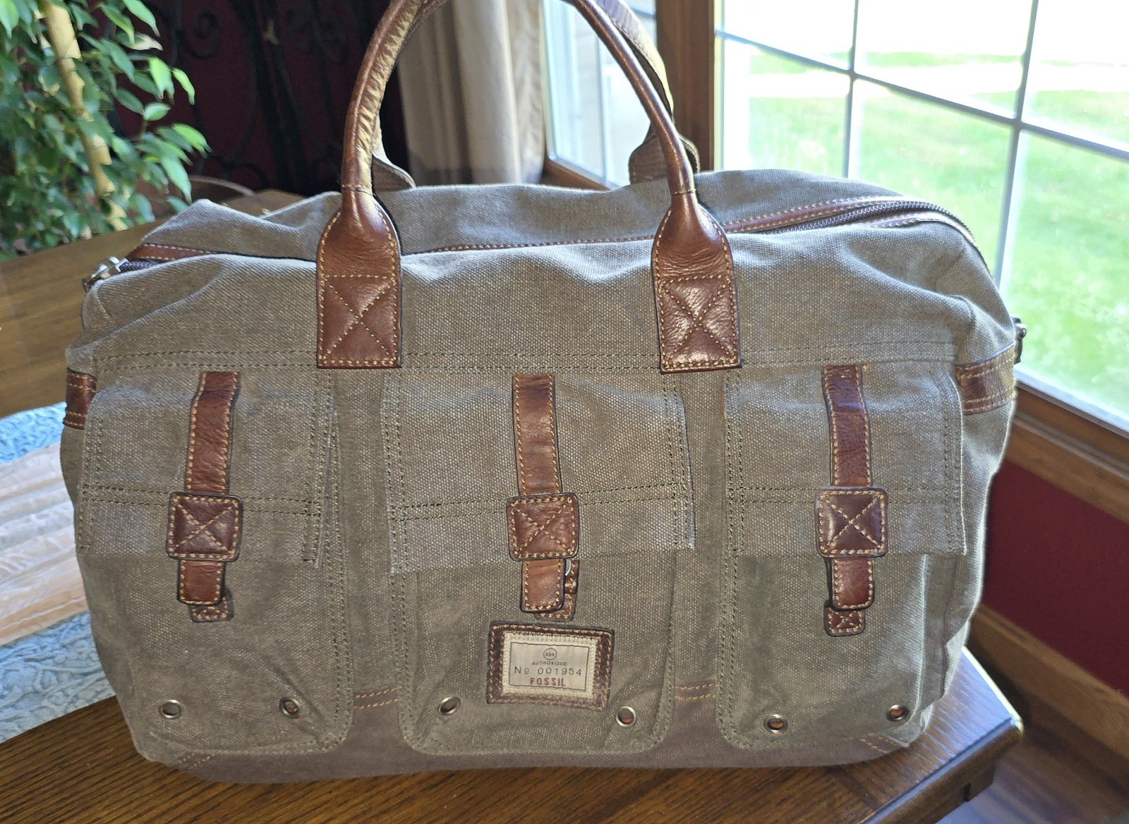 Fossil Canvas Leather Duffle Bag Army Green Adjustable Removeable Strap