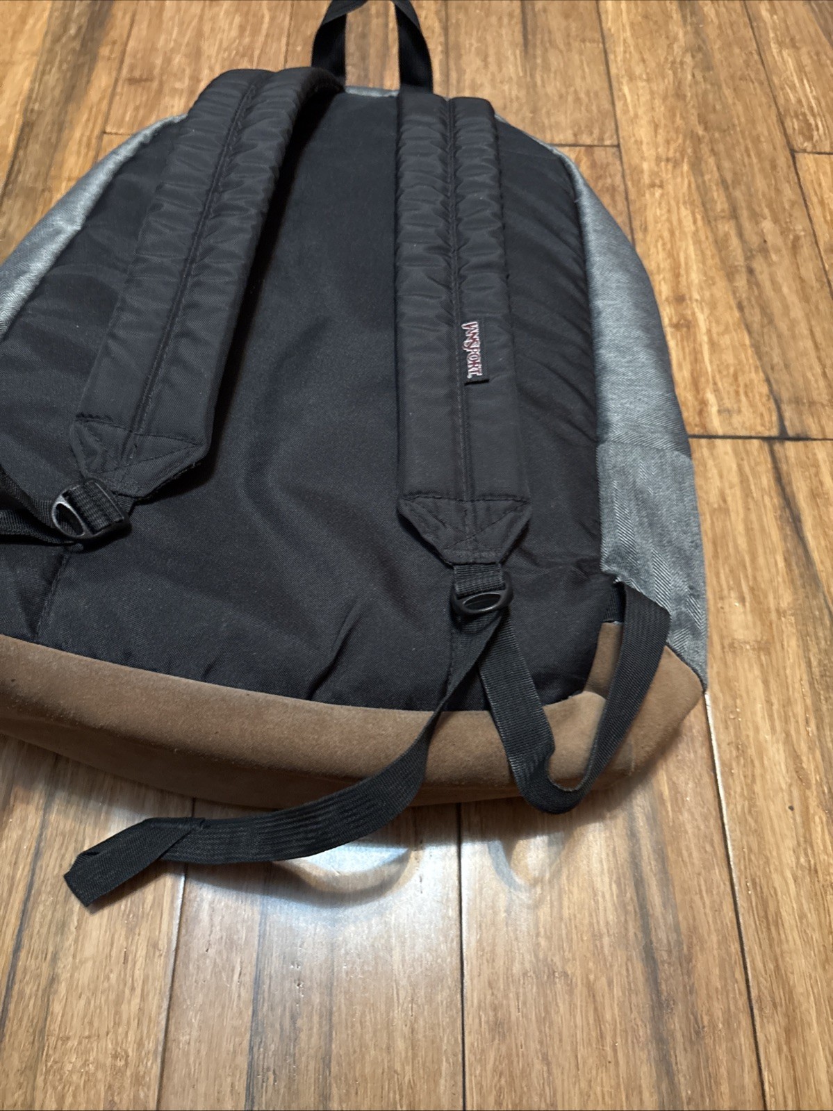 JanSport Backpack Cool Student Laptop Gray Faux Brown Leather Bottom
