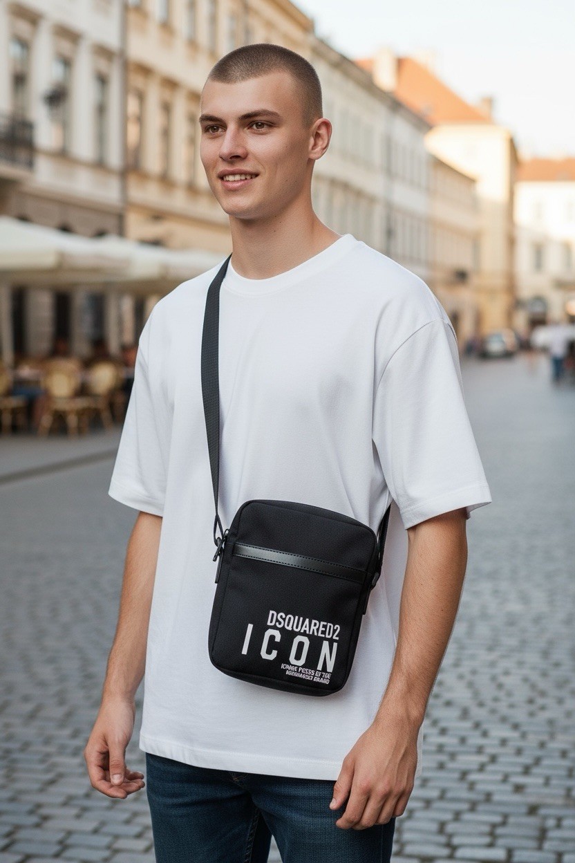 $602Dsquared2 Man Black polyamide – Cow Leather Be Icon Crossbody Shoulder Bag