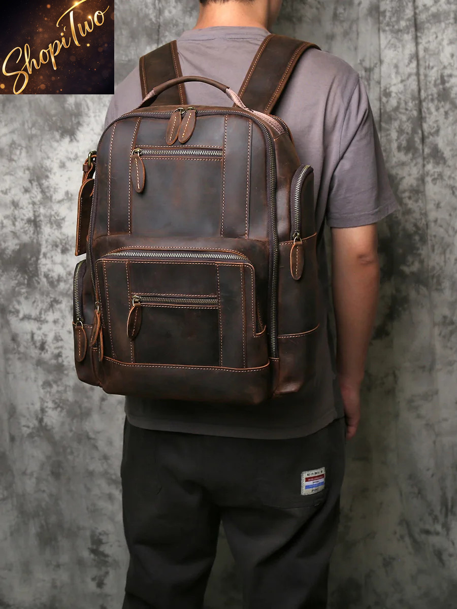 NZPJ Retro Genuine Leather Men Backpack Top Layer Cowhide Rucksack Fashion Man