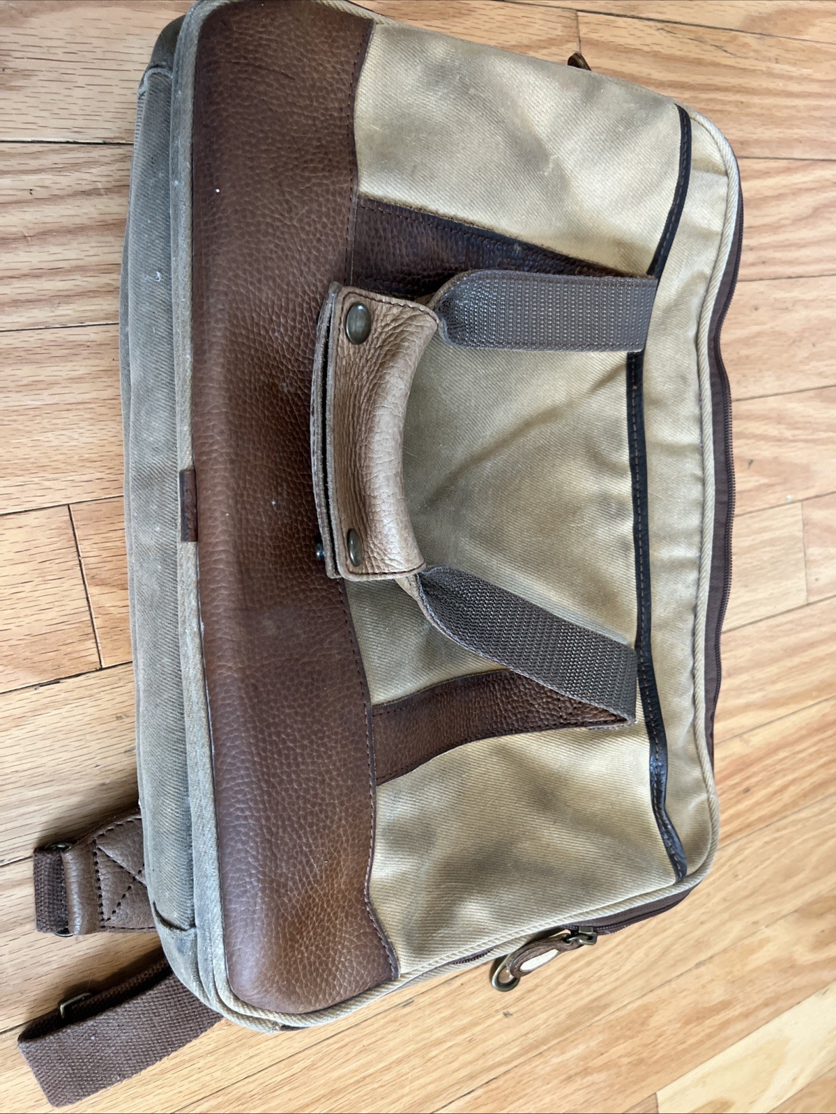 LL Bean Canvas Messenger Crossbody Bag Push Lock Leather Trim Tan Brown