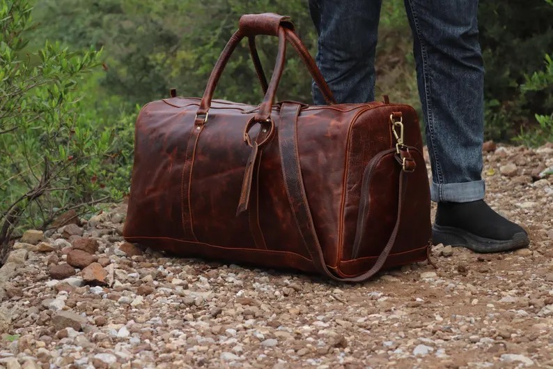 Buffalo Leather Duffle Bag| Genuine leather weekender bag brown| Leather holdall