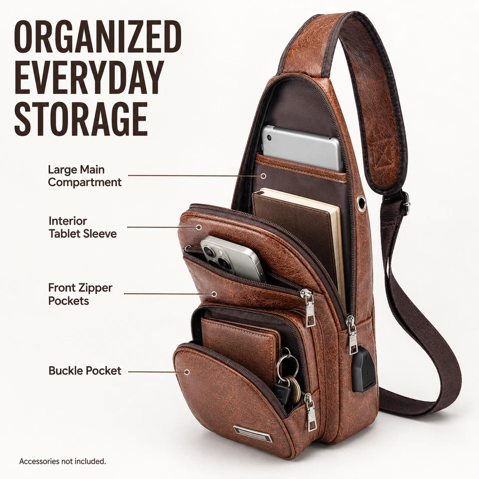 Men’s Brown Sling Backpack Crossbody Chest Bag with USB Charging Port