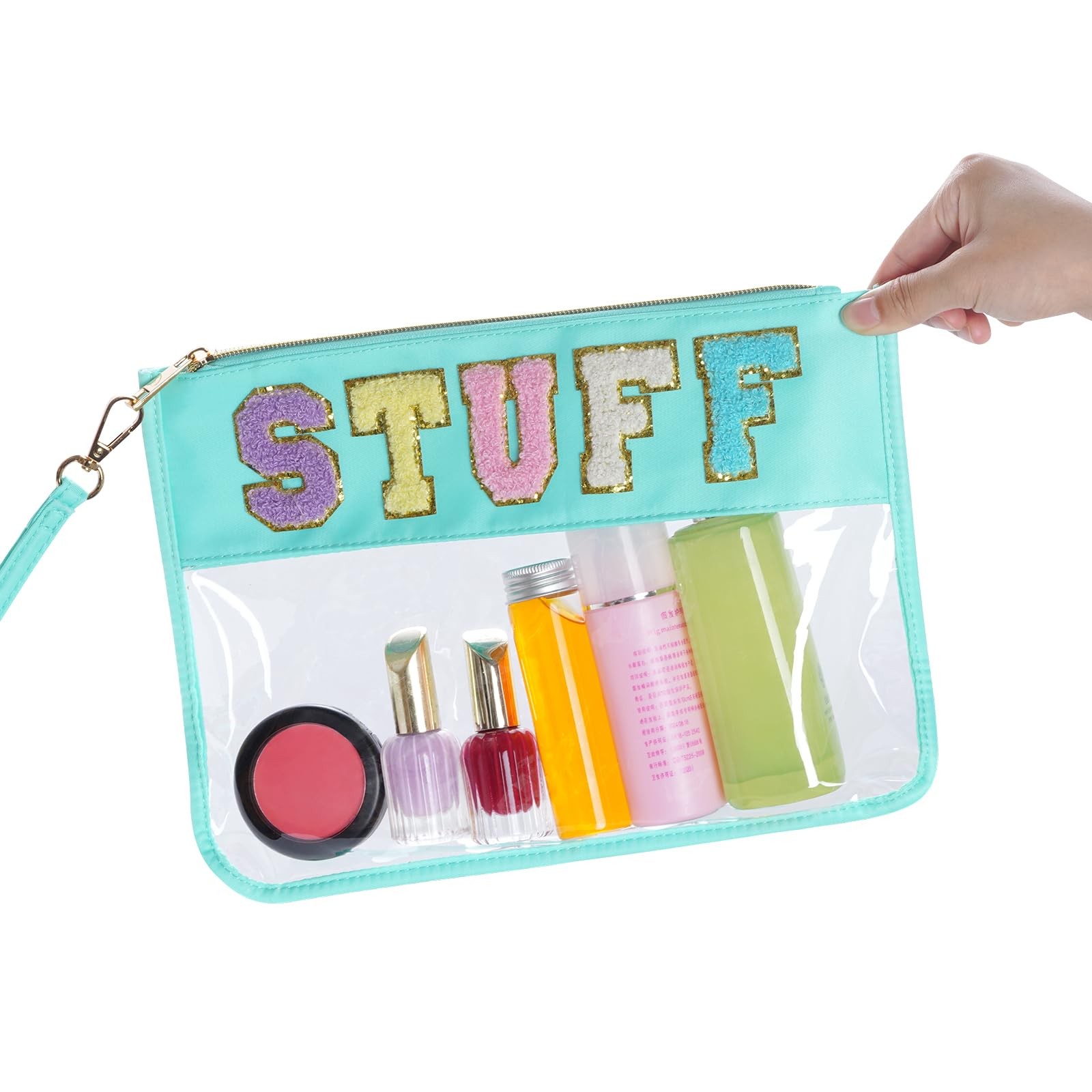 Hmxpls Chenille Letter Bag, Clear Flat Pouches 11.8×8.7 inch, Green-Stuff