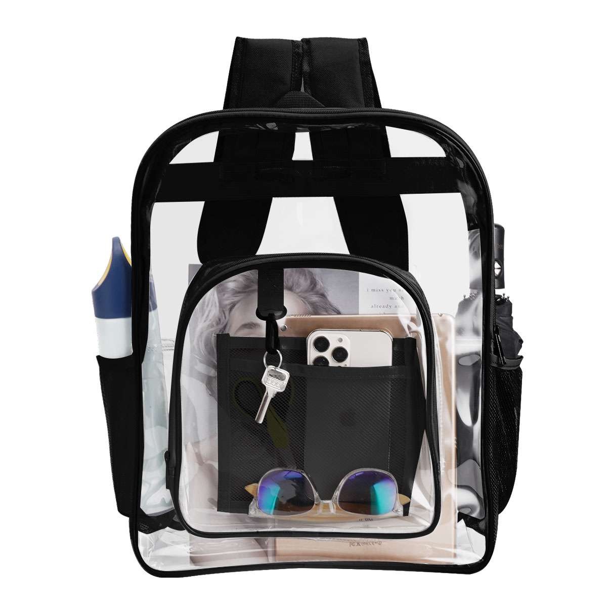 Extra Heavy Duty Clear Backpack Transparent Bookbag Back to School (Black, Grey)