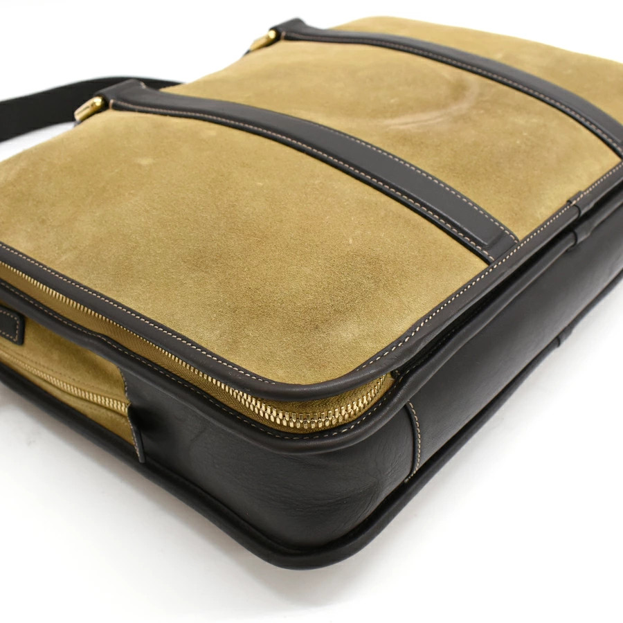 LOEWE 2way Briefcase Business Bag Suede Leather Anagram Khaki Green Brown Gold
