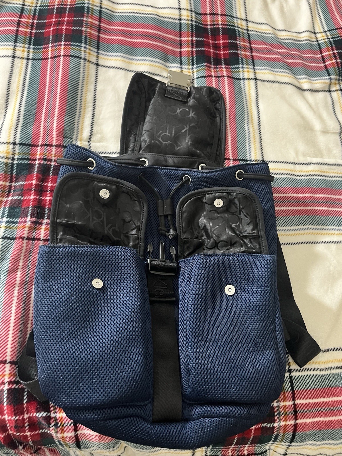 Calvin Klein Blue/Black Small Backpack Drawstring Buckle, Pockets, Lined