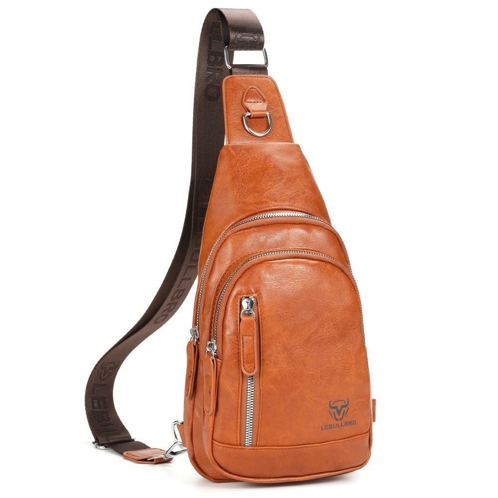 Men’s Leather Sling Bag Crossbody Chest Adjustable Strap Multiple Compartments