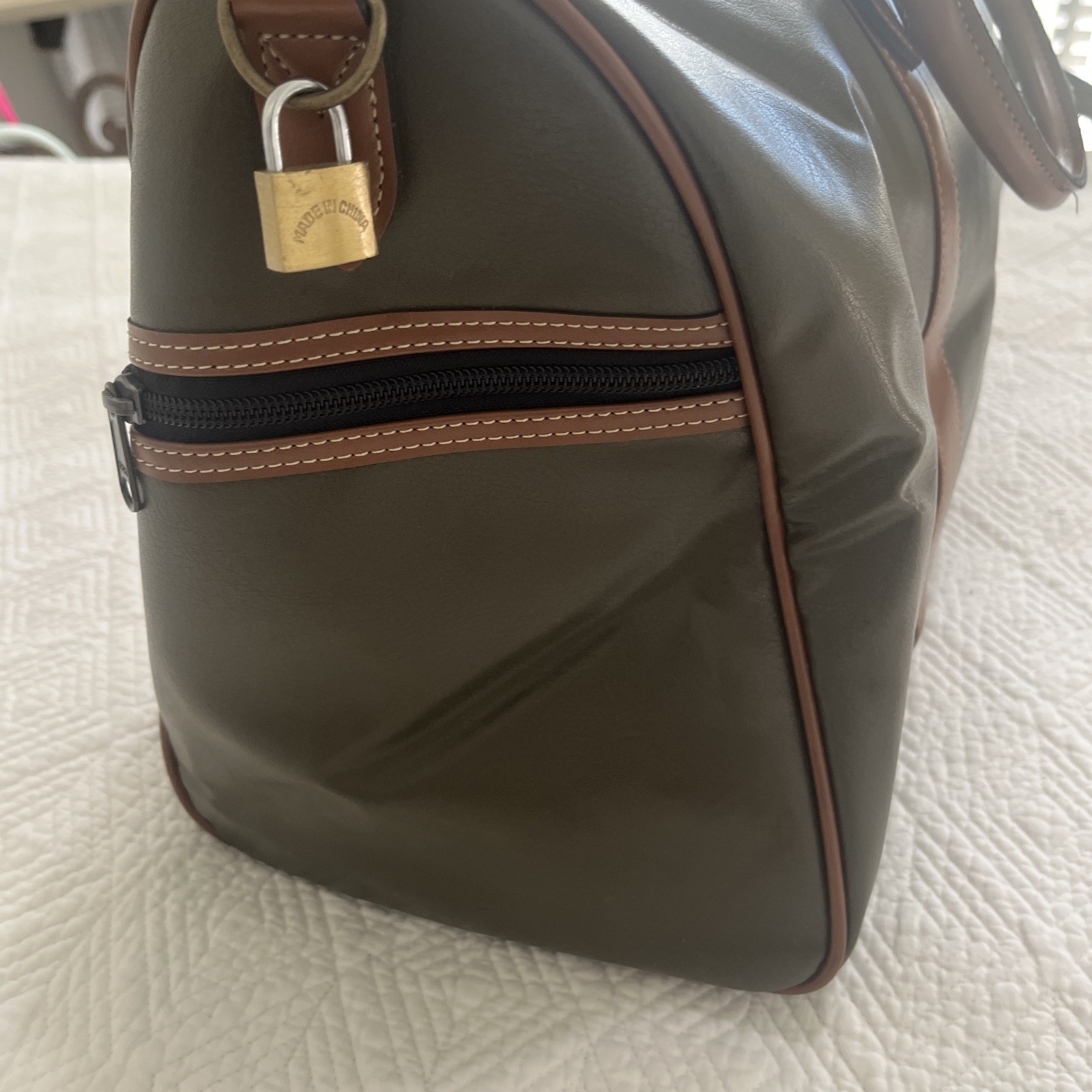 Synthetic Leather Duffel Bag Intergral Boston Travel Bag Large Men, Green Brown
