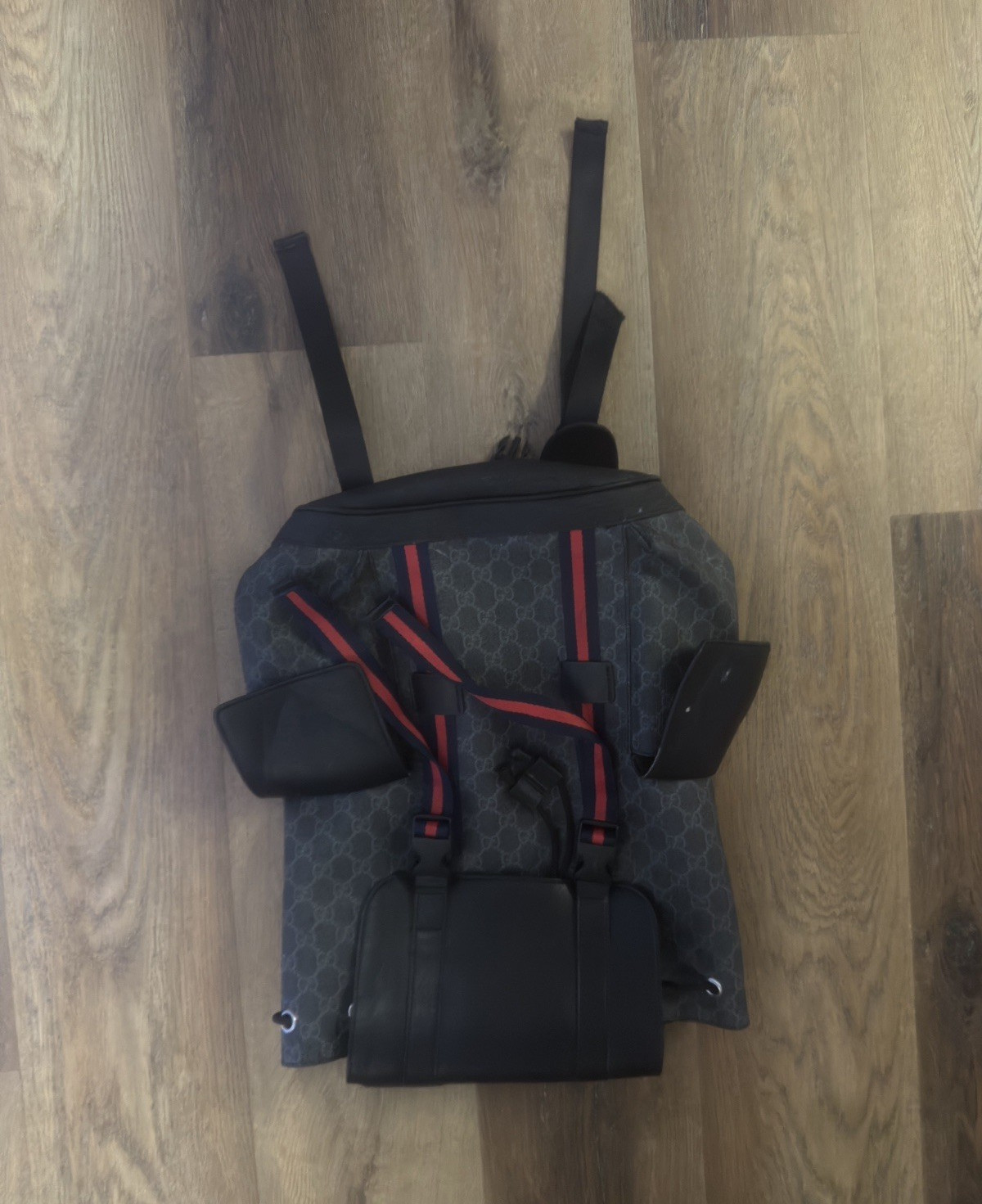 Men’s Gucci Backpack Gray Black Red, Adjustable Straps Pockets