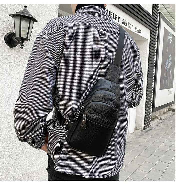 Men’s Genuine Leather Sling Bag Vintage Chest Crossbody Shoulder Multi Pockets M