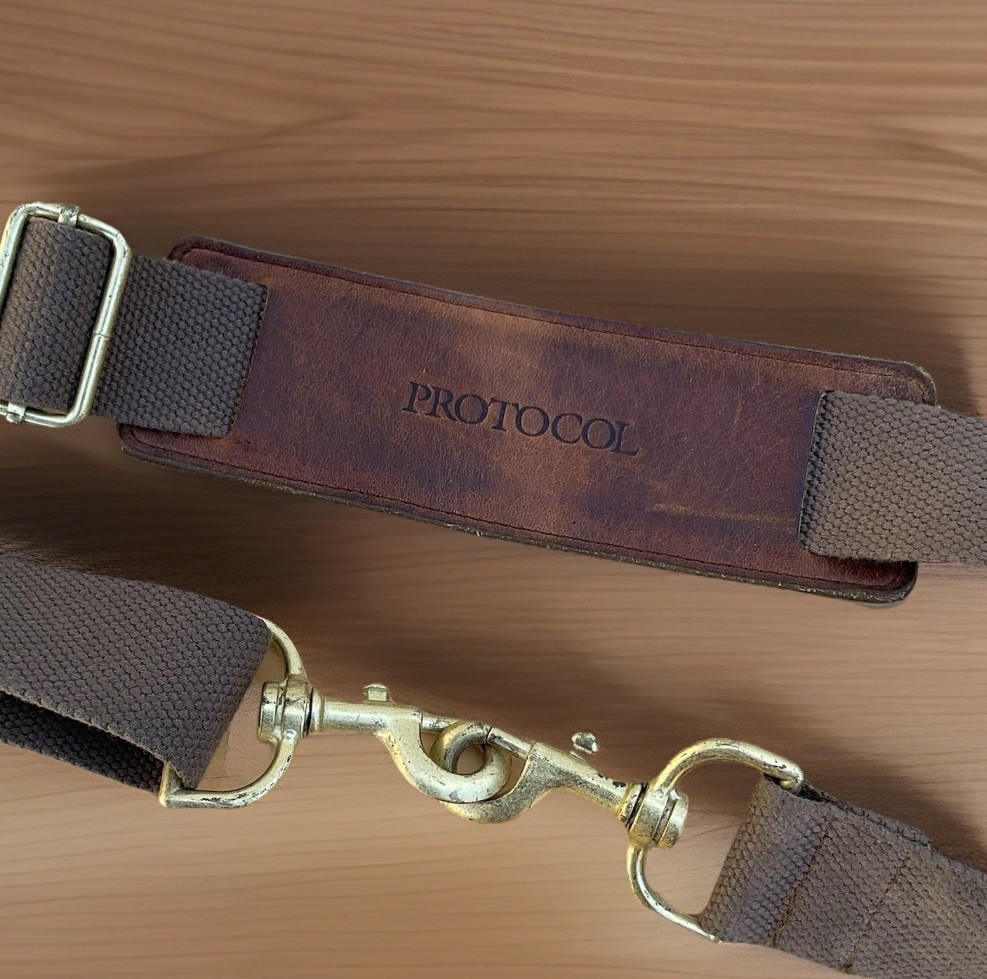 PROTOCOL Brown Leather / Canvas Padded Shoulder Pad Adjustable Bag Strap 39X52