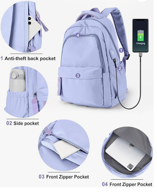 Waterproof 14″ Laptop Backpack USB Charging Port Office School Travel Bag NWT