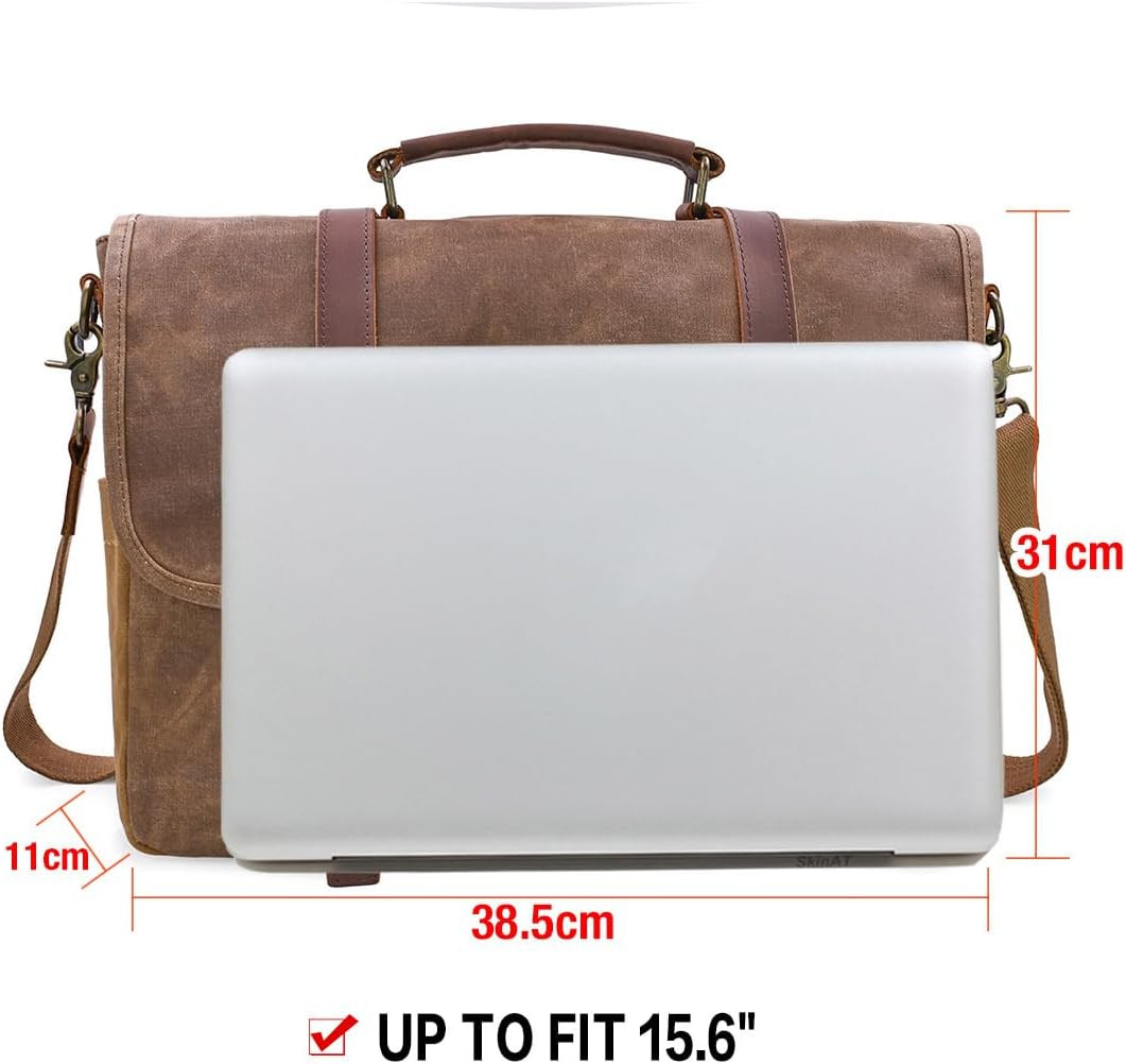 Men’s 15.6″ Waterproof Vintage Leather & Canvas Messenger Bag, Brown