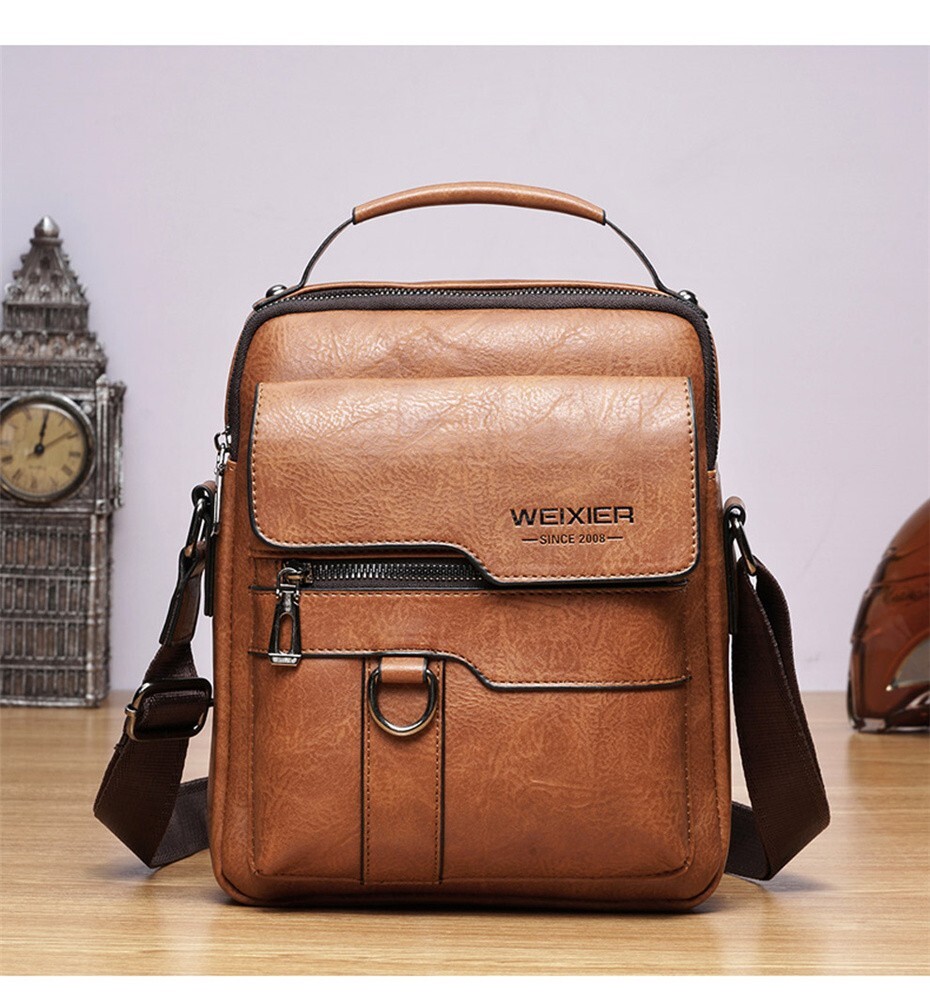 WEIXIER Men Crossbody Bag Vintage Handbag Large Capacity PU Leather Shoulder Bag