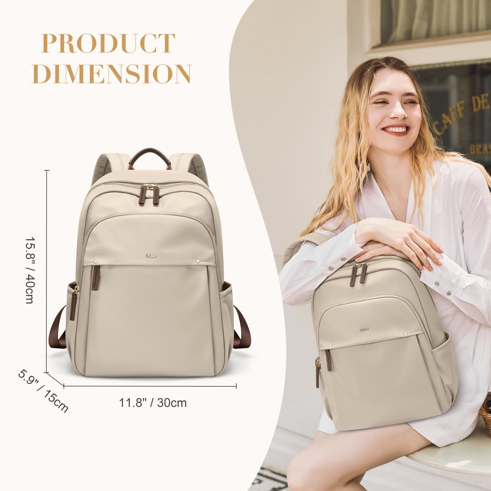 Stylish Laptop Backpack For Women Computer Bag Fits 14 Inch Notebook Apricot