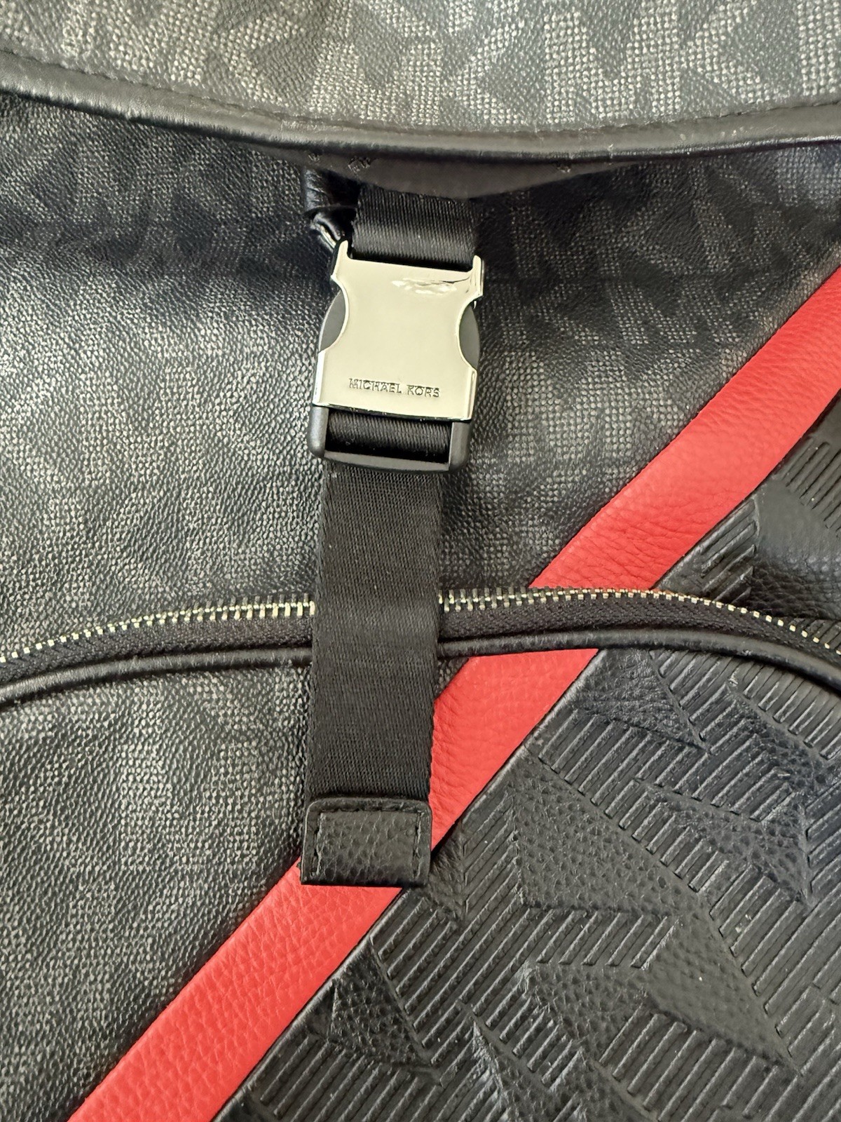 Rare Michael Kors Men’s Logo Backpack Black/Gray Red Stripe Pockets Hudson Nice