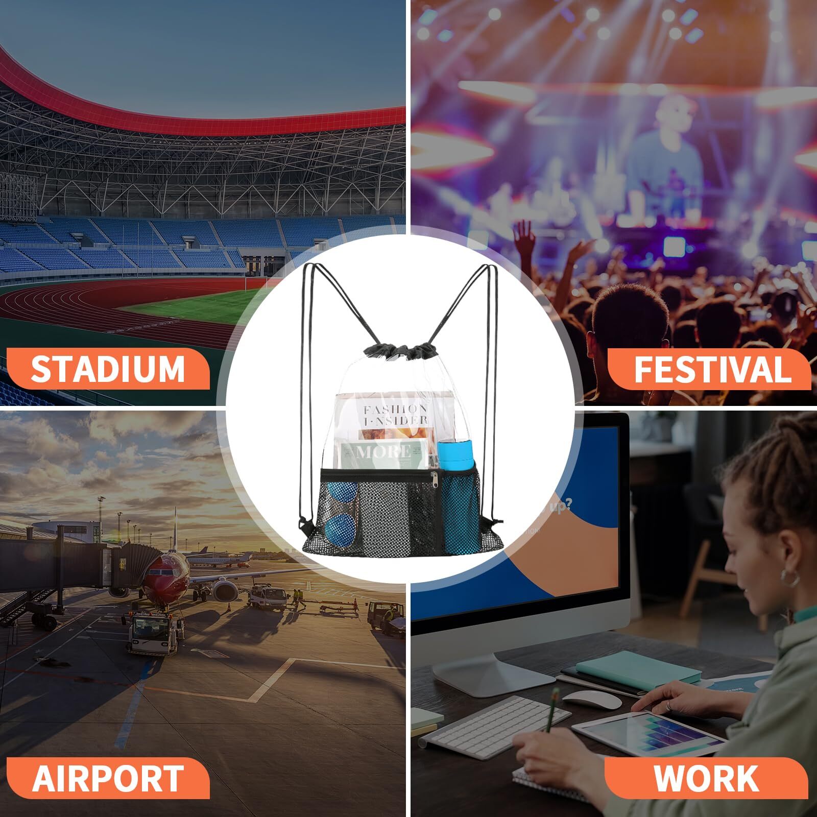 2 Pack Clear Drawstring Bag Stadium Approved PVC Drawstring Backpack for Concert