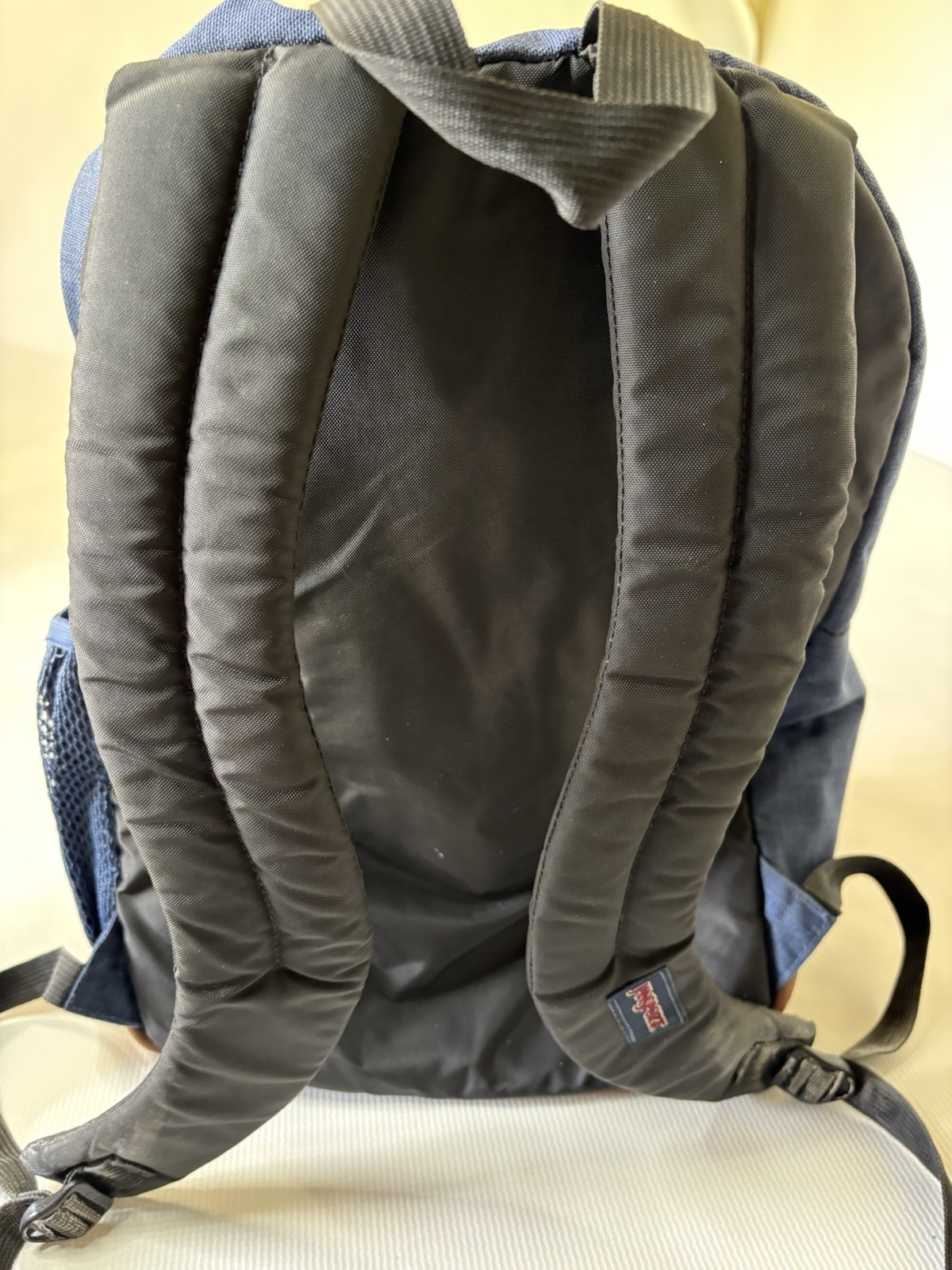 VTG JANSPORT Cool Student Blue Canvas Backpack Tan Faux Leather Laptop Pocket