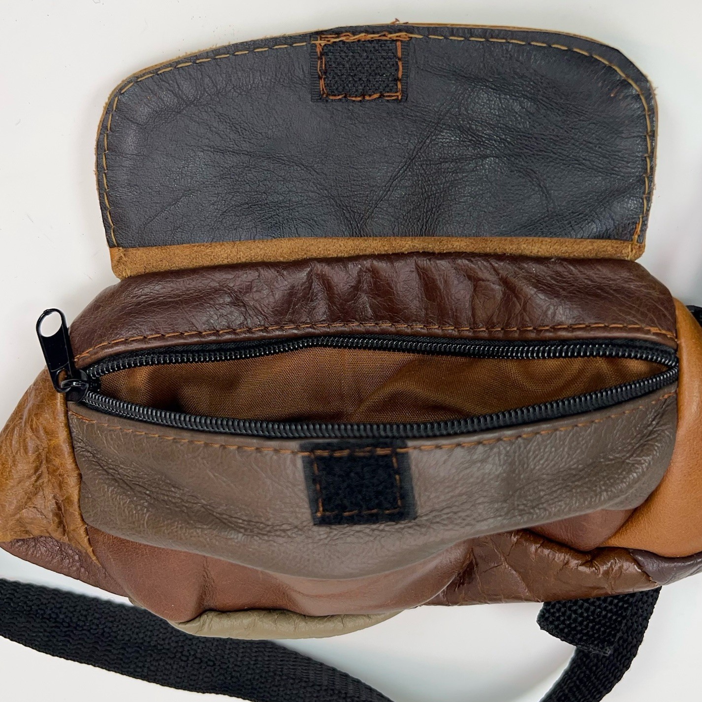 Vtg LEATHER Fanny Pack 90s Suede Patchwork Brown Waist Bag Straps Multi Pockets