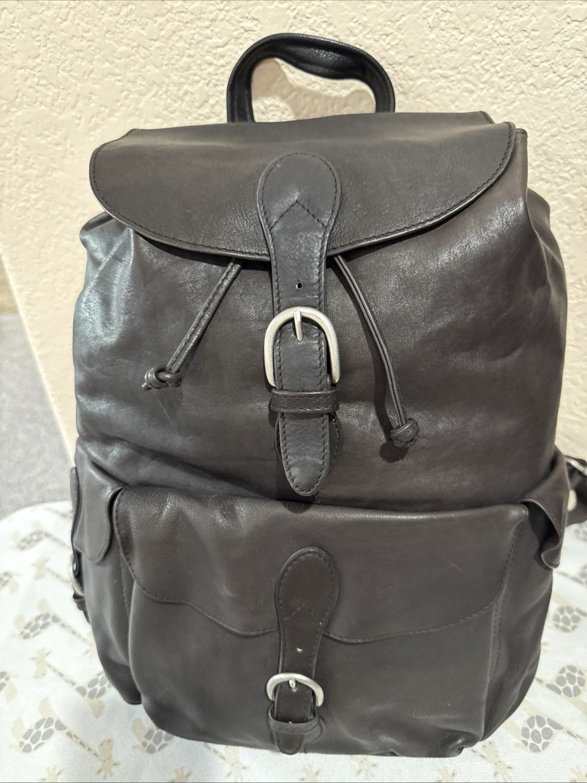 London Fog Leather Backpack Brown Drawstring Flap Buckle Pockets Travel Bag EUC