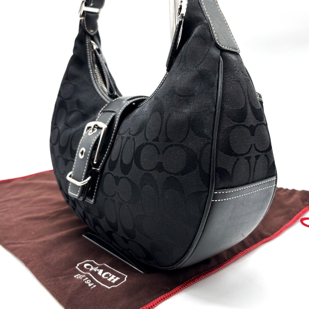 COACH Black Canvas Leather Handbag 32cm Top Handle Bag Simple Design Authentic