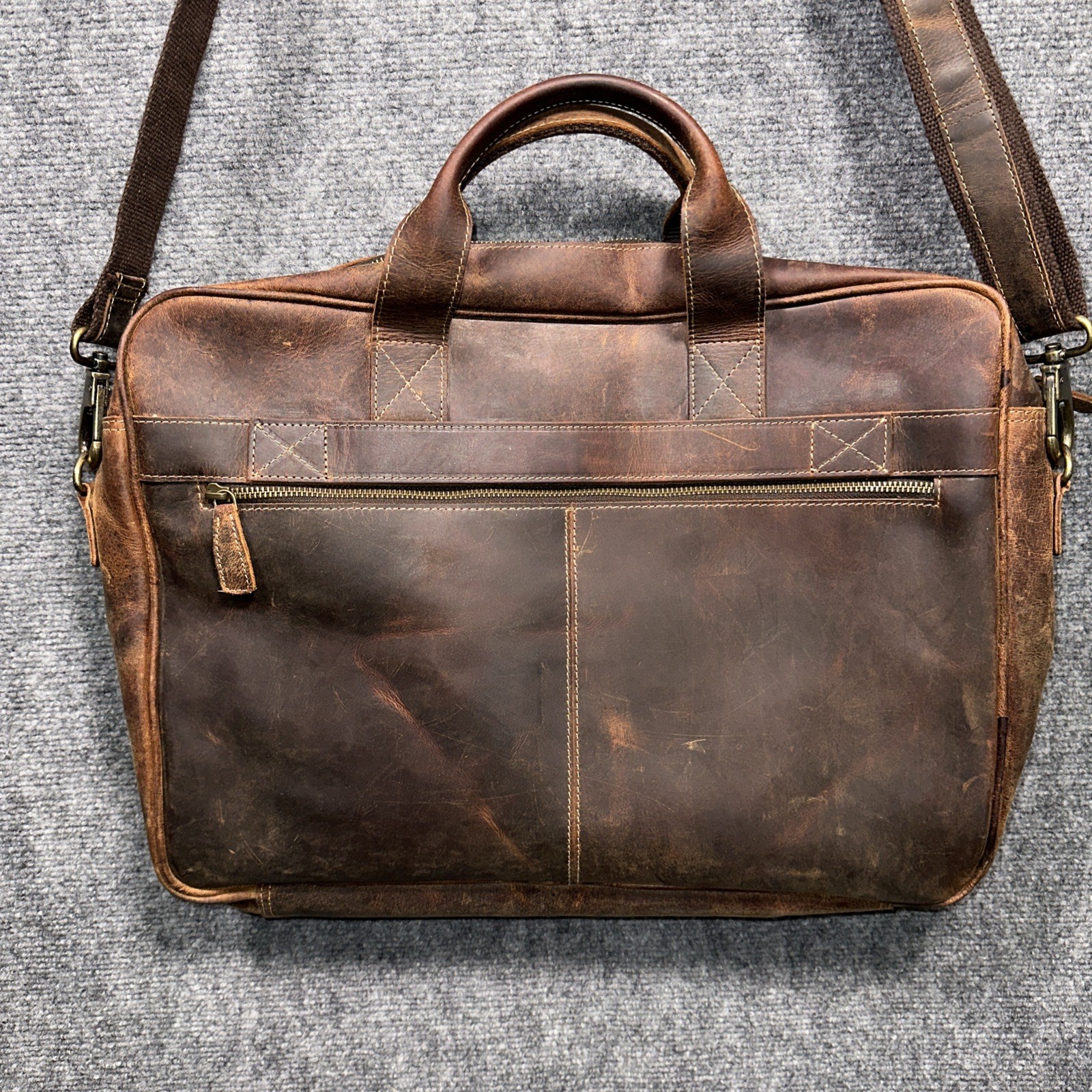 KomalC Full Grain Leather Messenger Laptop Bag 18” Brown Distressed Briefcase
