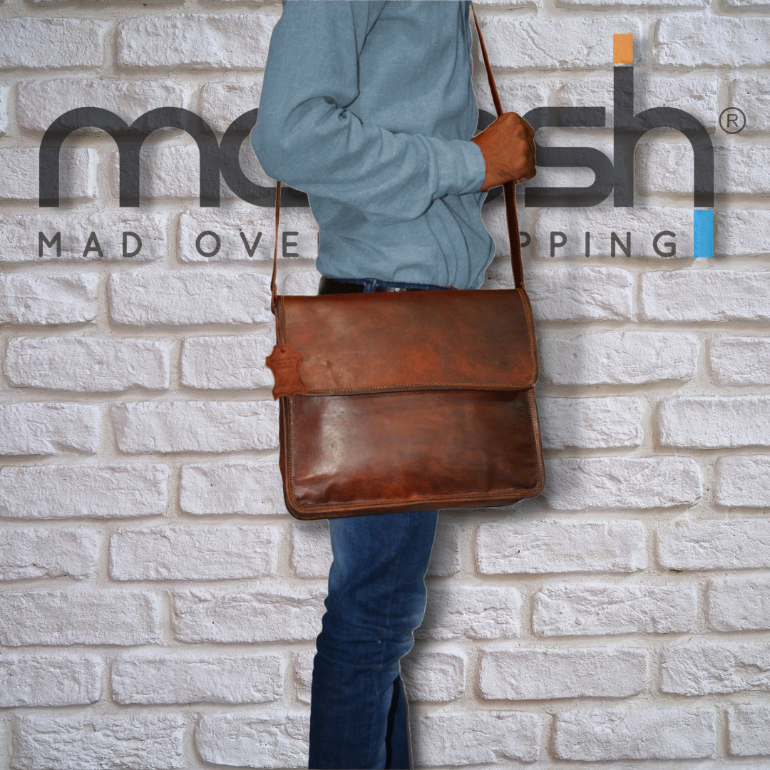 Men’s Crossbody Laptop Bag Brown Shoulder Bag Genuine Leather Flapover Side Bag
