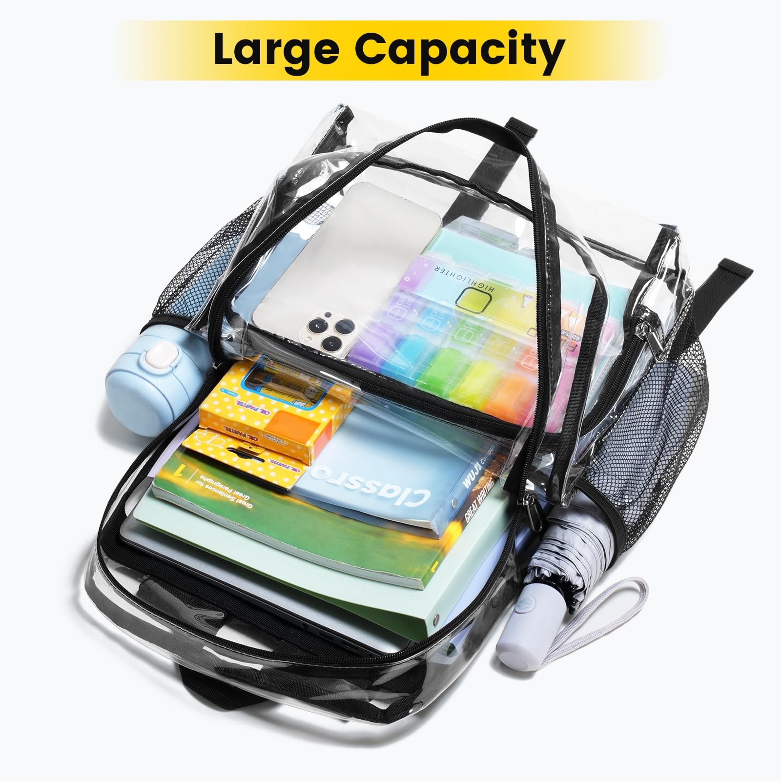 Large Black Clear Backpack Heavy Duty See Through Bookbag for School Work