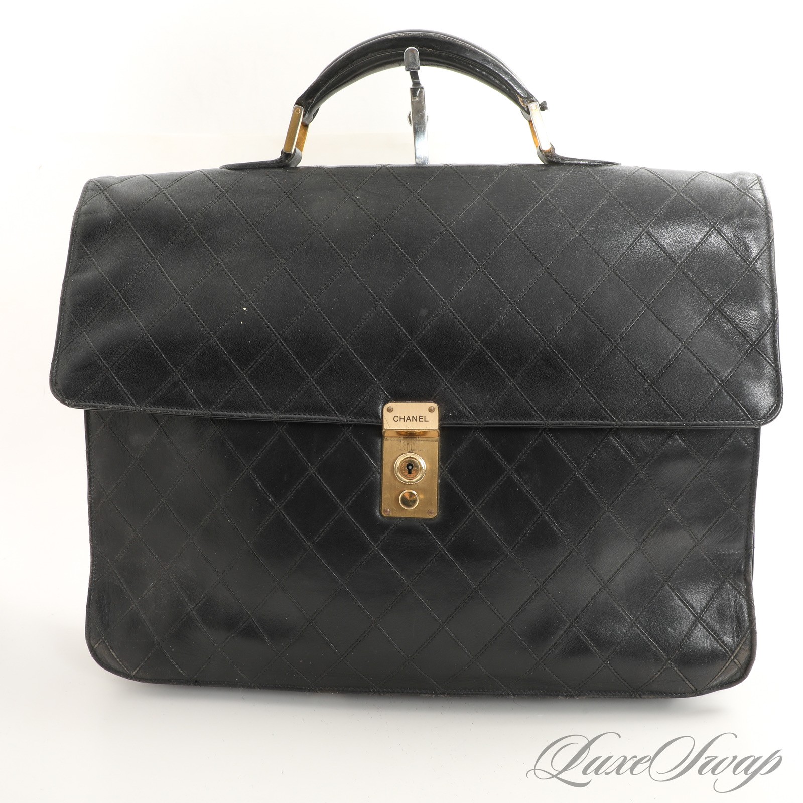 Vintage Chanel Made in Italy Black Quilted Leather Mens Briefcase Bag #0TG004