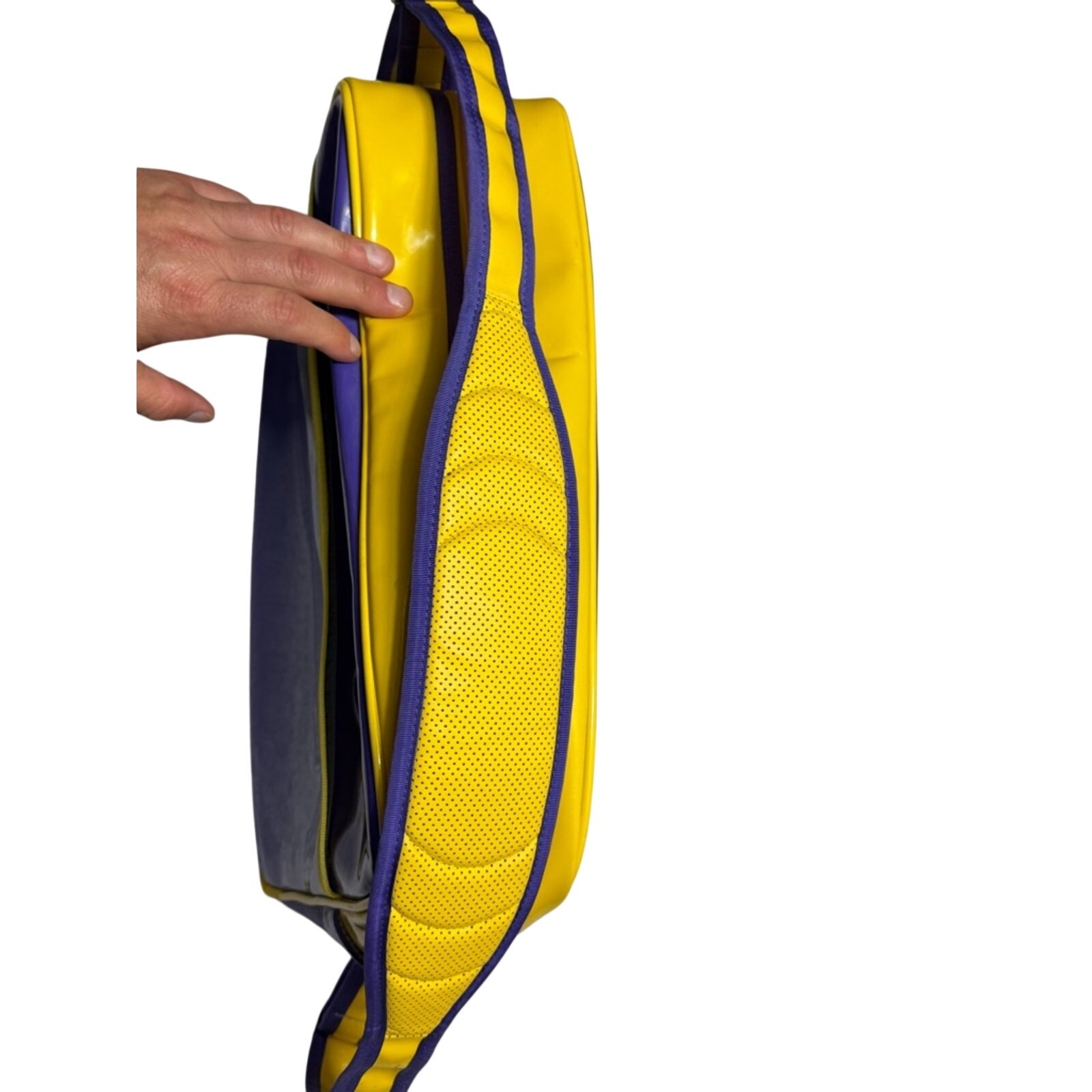 Vintage Y2K Nike Polyurethane Enamel Messenger Tote Lakers Team Color Bag RARE