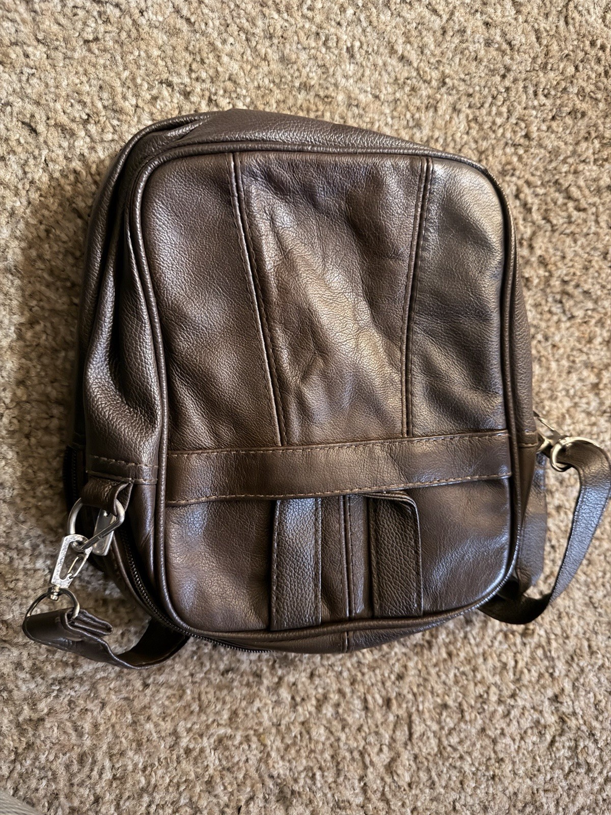 Brown Shoulder Bag Zip Drawstring Closure Adjustable Strap Outer Pockets Men