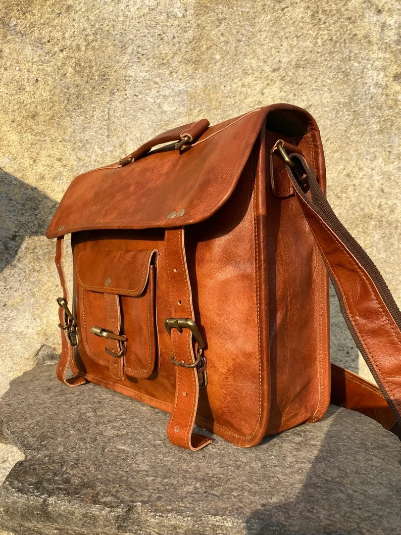 Men’s Vintage Leather Laptop Briefcase Everyday Messenger Shoulder Work Bag