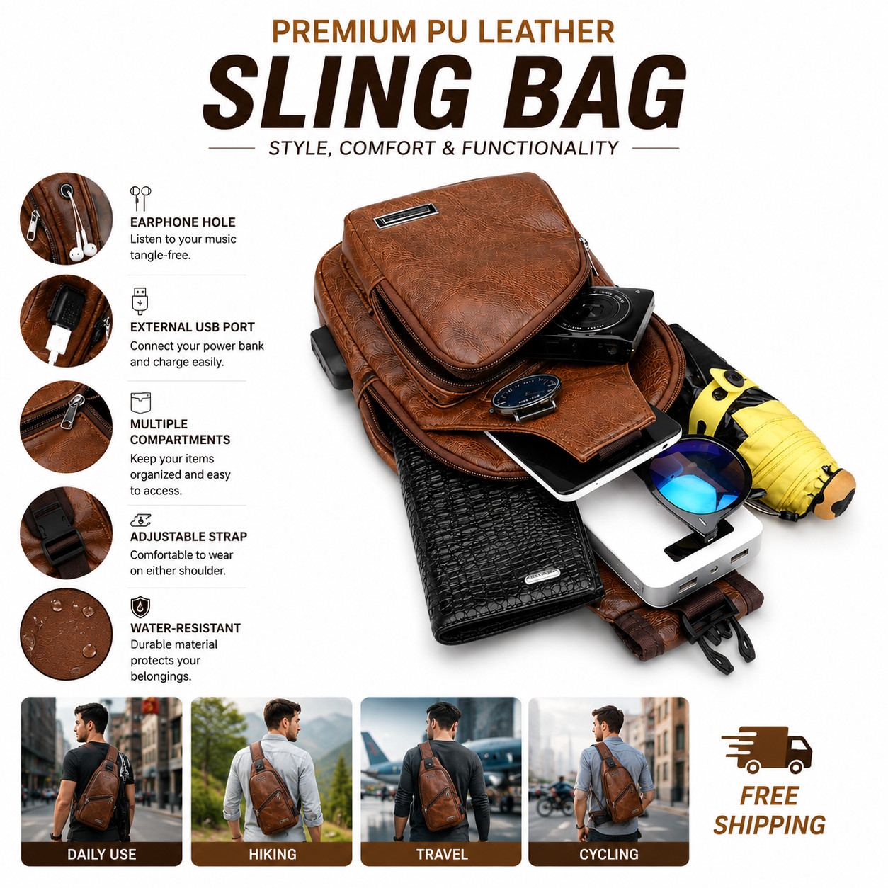 “Chest Crossbody Bag Sling Backpack for Men with USB Charge Port
