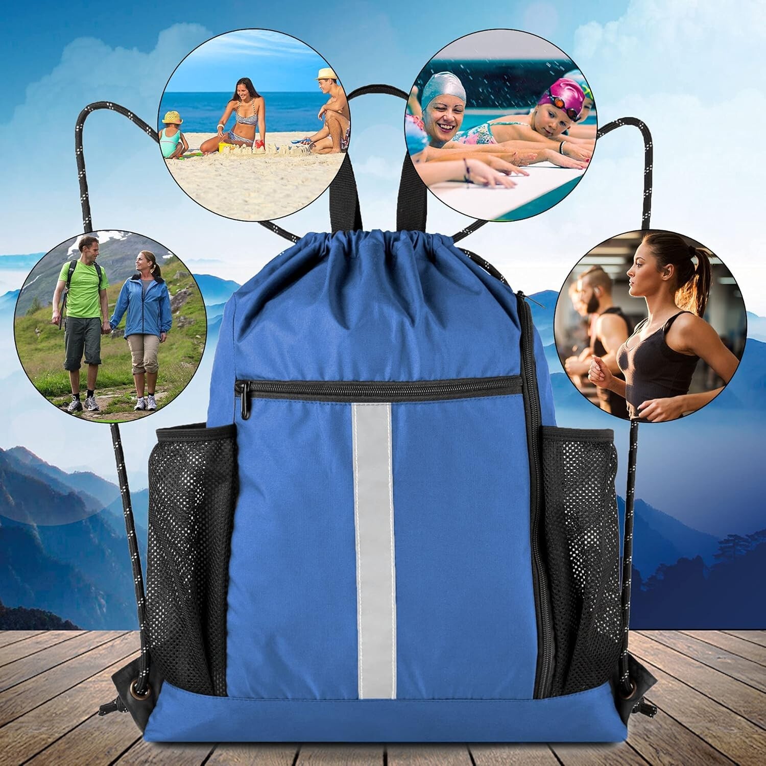 Spacious Drawstring Sports Backpack with Five Pockets & Machine Washable Design