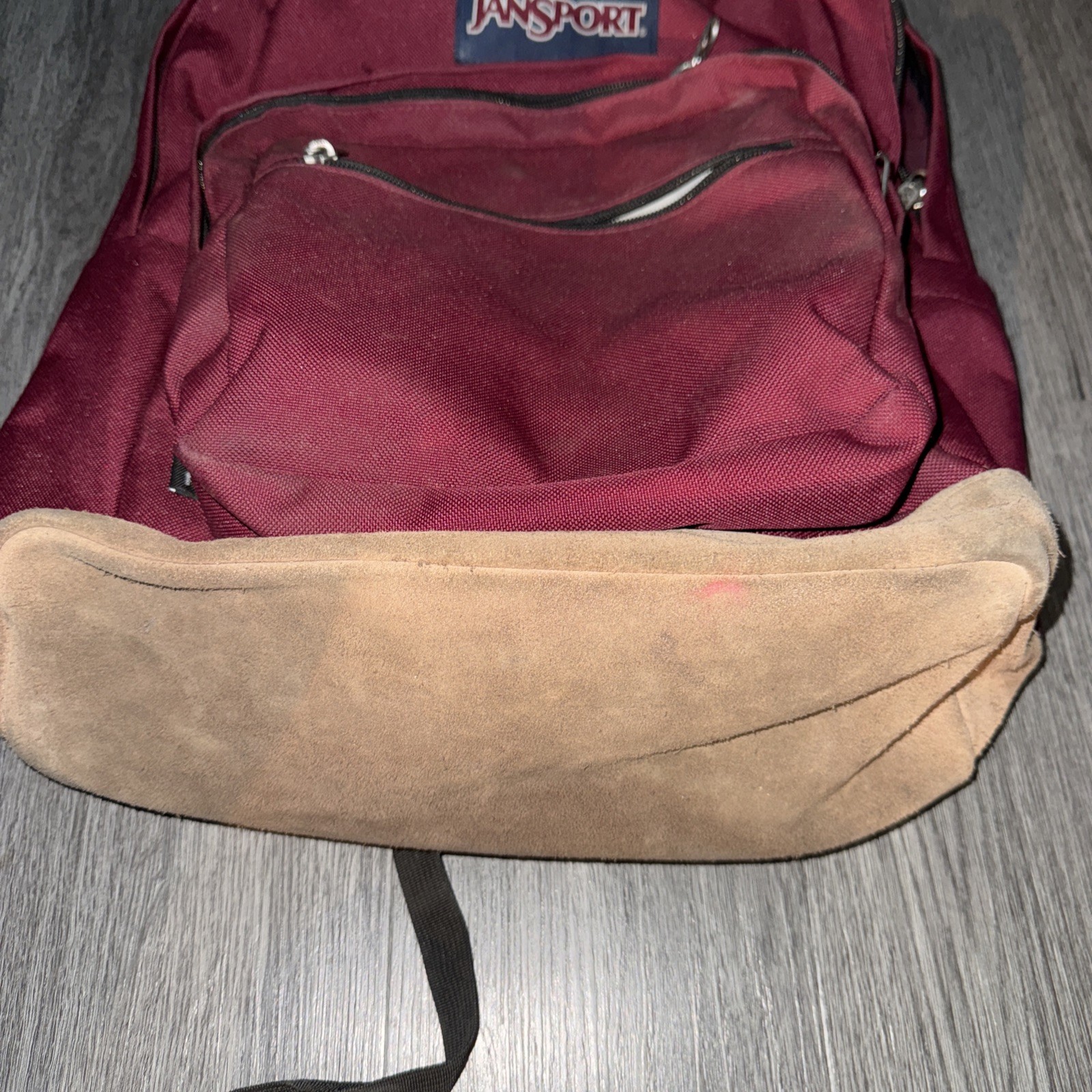 Jansport Backpack Cool Student Red Maroon Faux Leather Bottom Book Bag