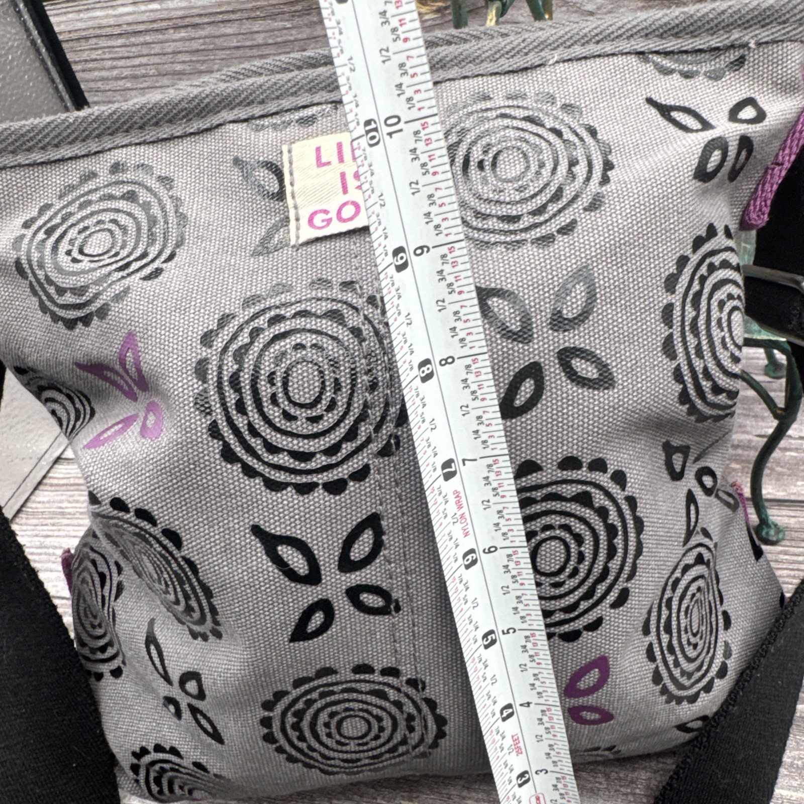 VTG Life Is Good GreyFloral Shoulder Bag Zip Top Adjustable Strap Lined Pockets