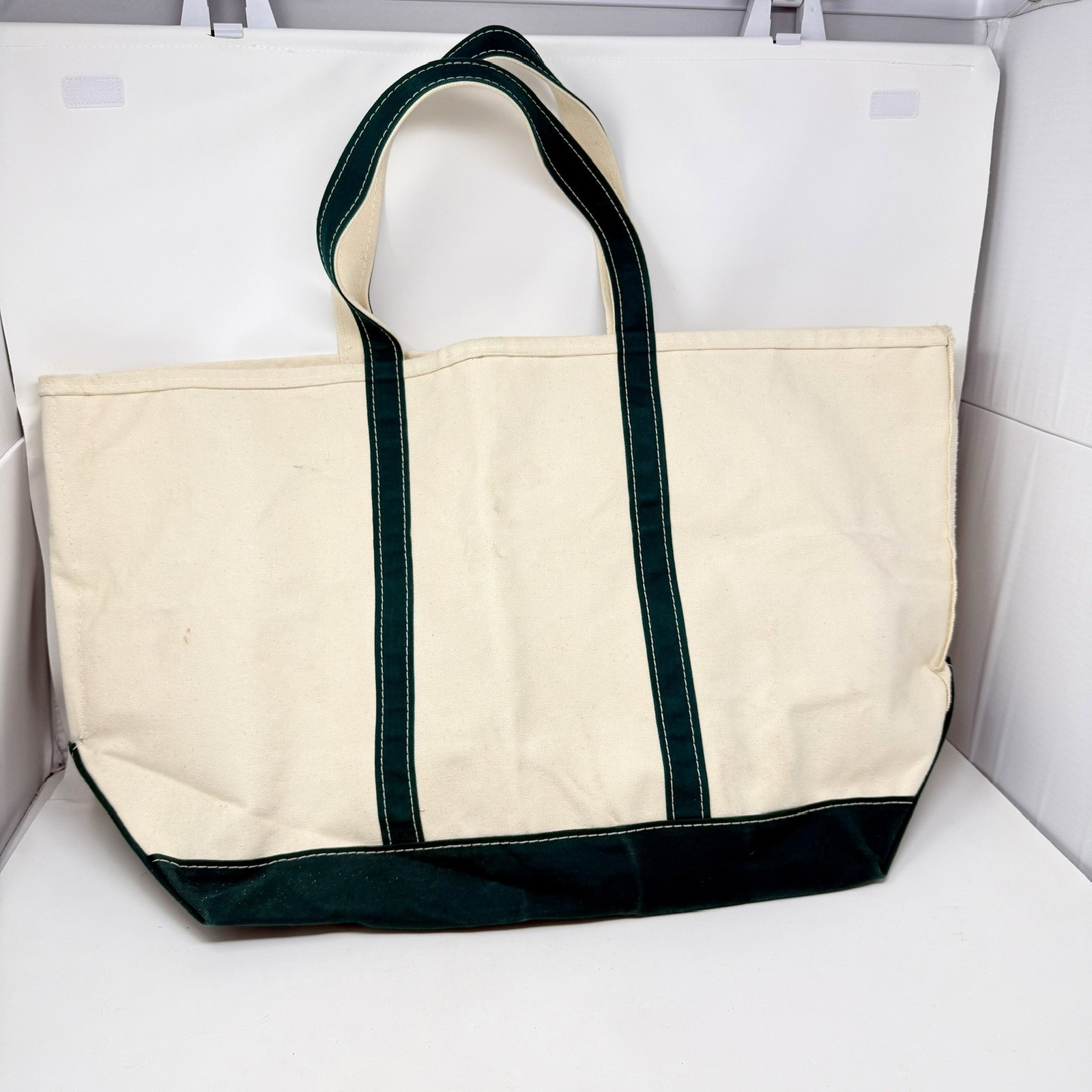 Vintage 90s LL Bean Boat & Tote Bag Ivory/Green Canvas XL Made in USA 27 x 16