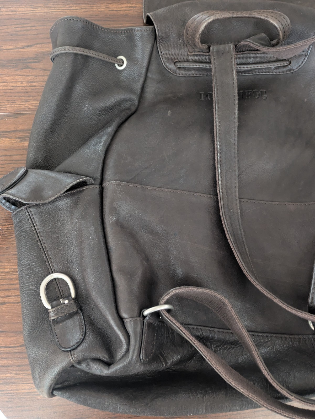 London Fog Leather Backpack Brown Drawstring Flap Buckle Pockets Travel Bag EU