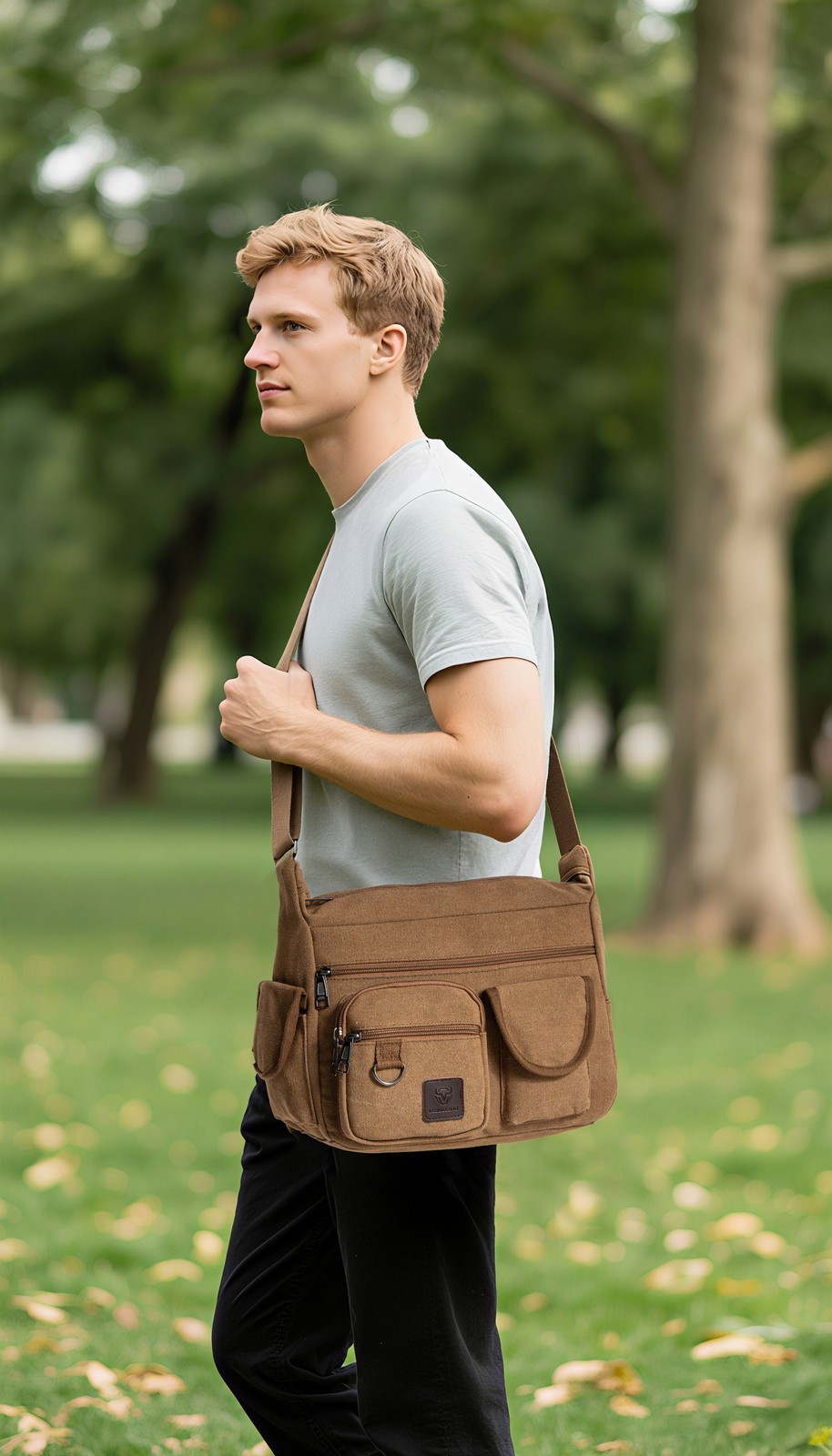 Men Vintage Canvas Crossbody Bag Multi Pocket Messenger Shoulder Bag Work Travel