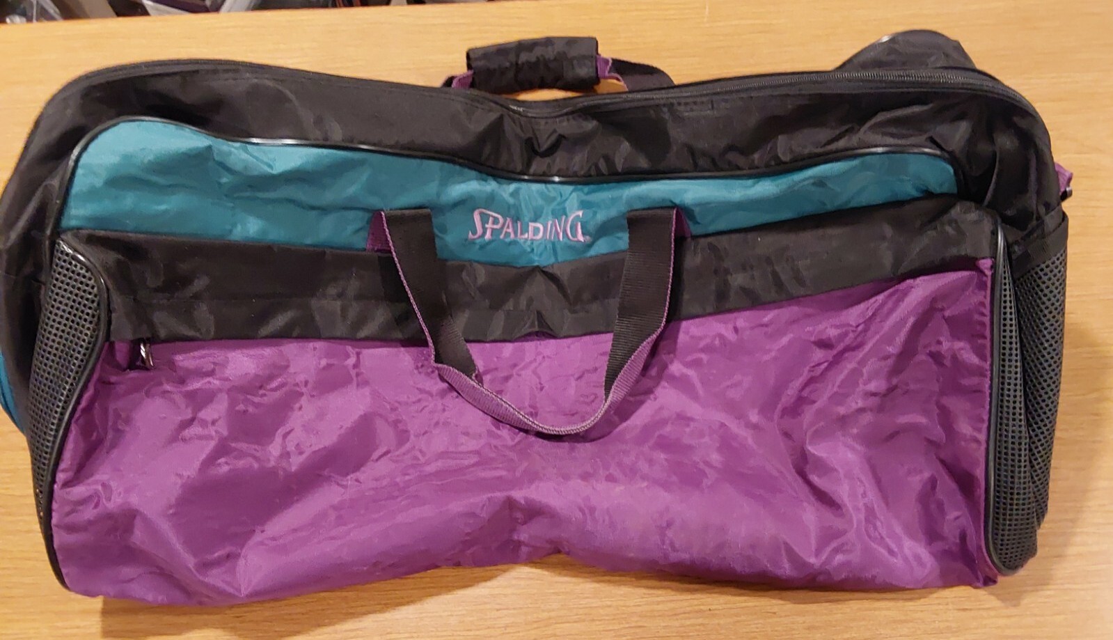 VTG 90s Spalding Duffle Gym Bag With Pockets Purple Teal 20″ Duffel Travel Tote