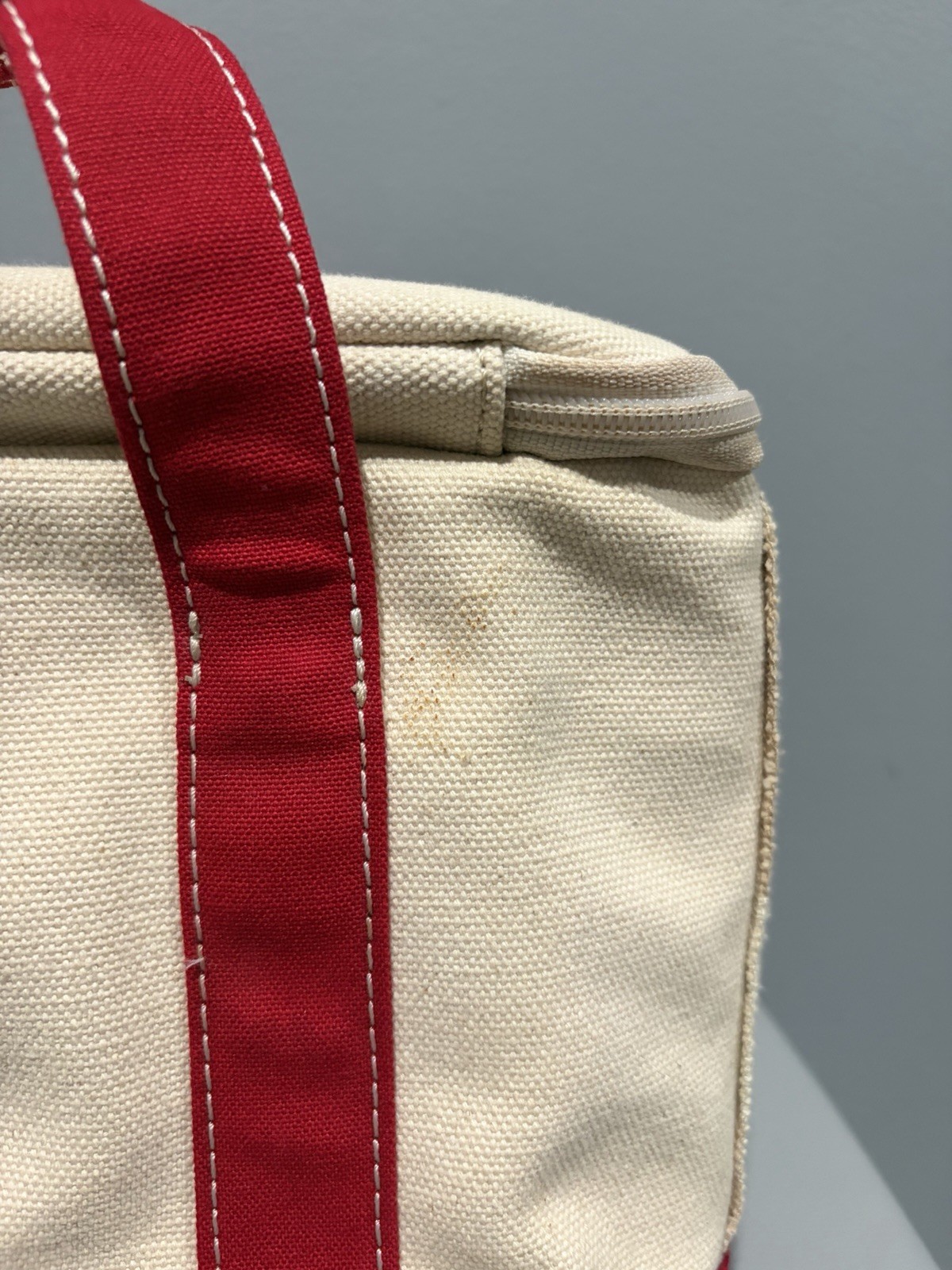 Vintage LL Bean Small Boat Tote Insulated Cooler Lunch Bag Beige Red Handles