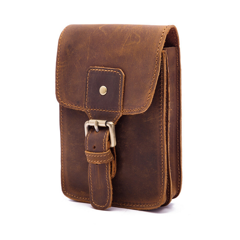Men Crazy Horse Leather Small Waist Bag Pouch Hook Fanny Waist Belt Pack`
